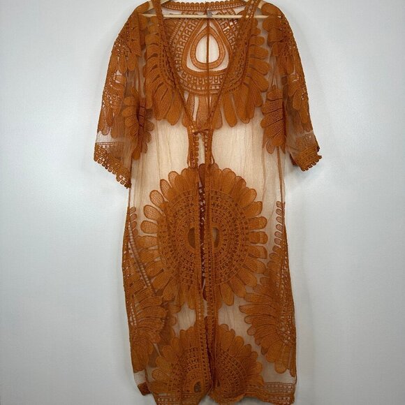 Jardin Elbow Sleeve Kimono Sheer Embroidered Orange Cardi Shawl One Size - Picture 1 of 3